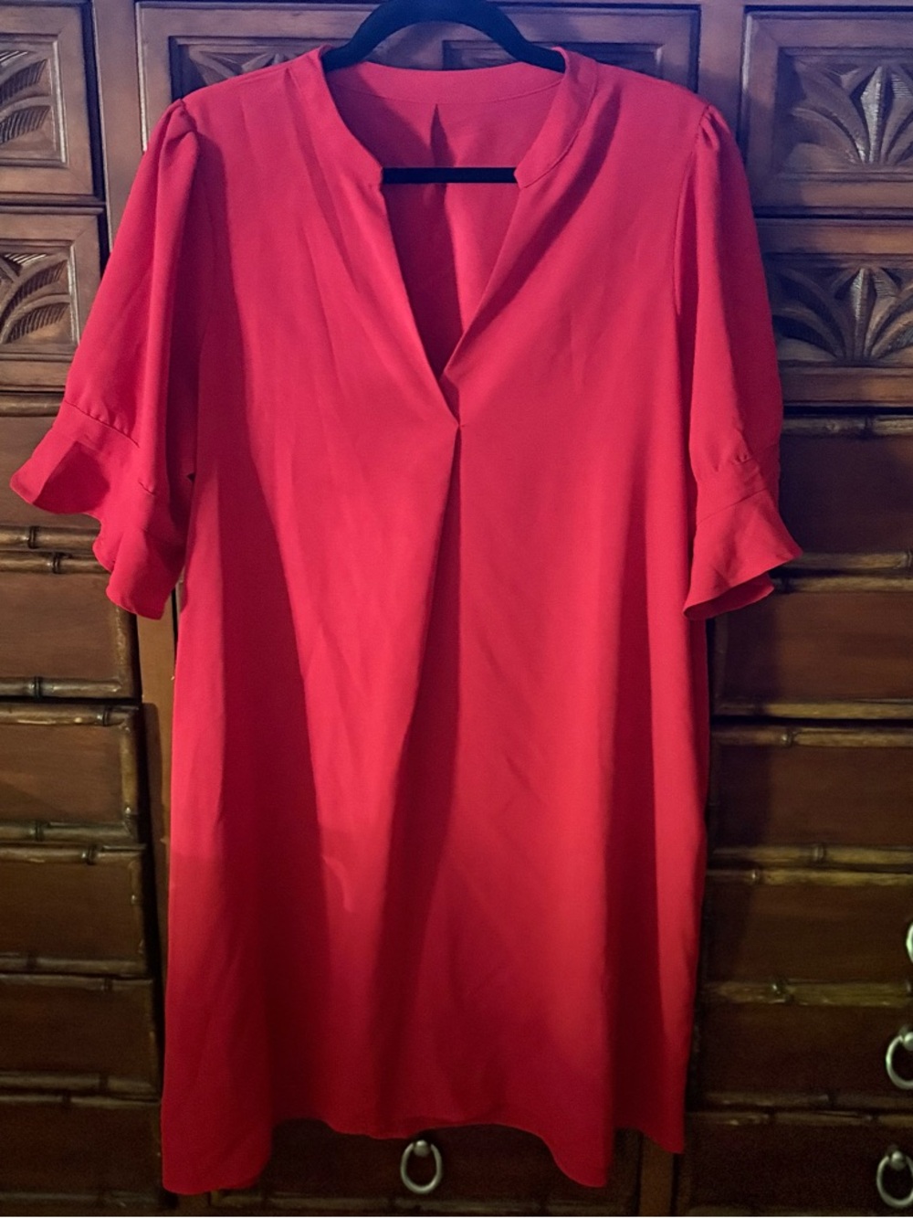 Red V-Neck Tunic Dress - Women's Classic Shift - Picture 2 of 4